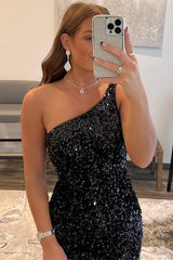Short Mermaid One shoulder Sequined Sleeveless Backless Homecoming Dress-Ballbella