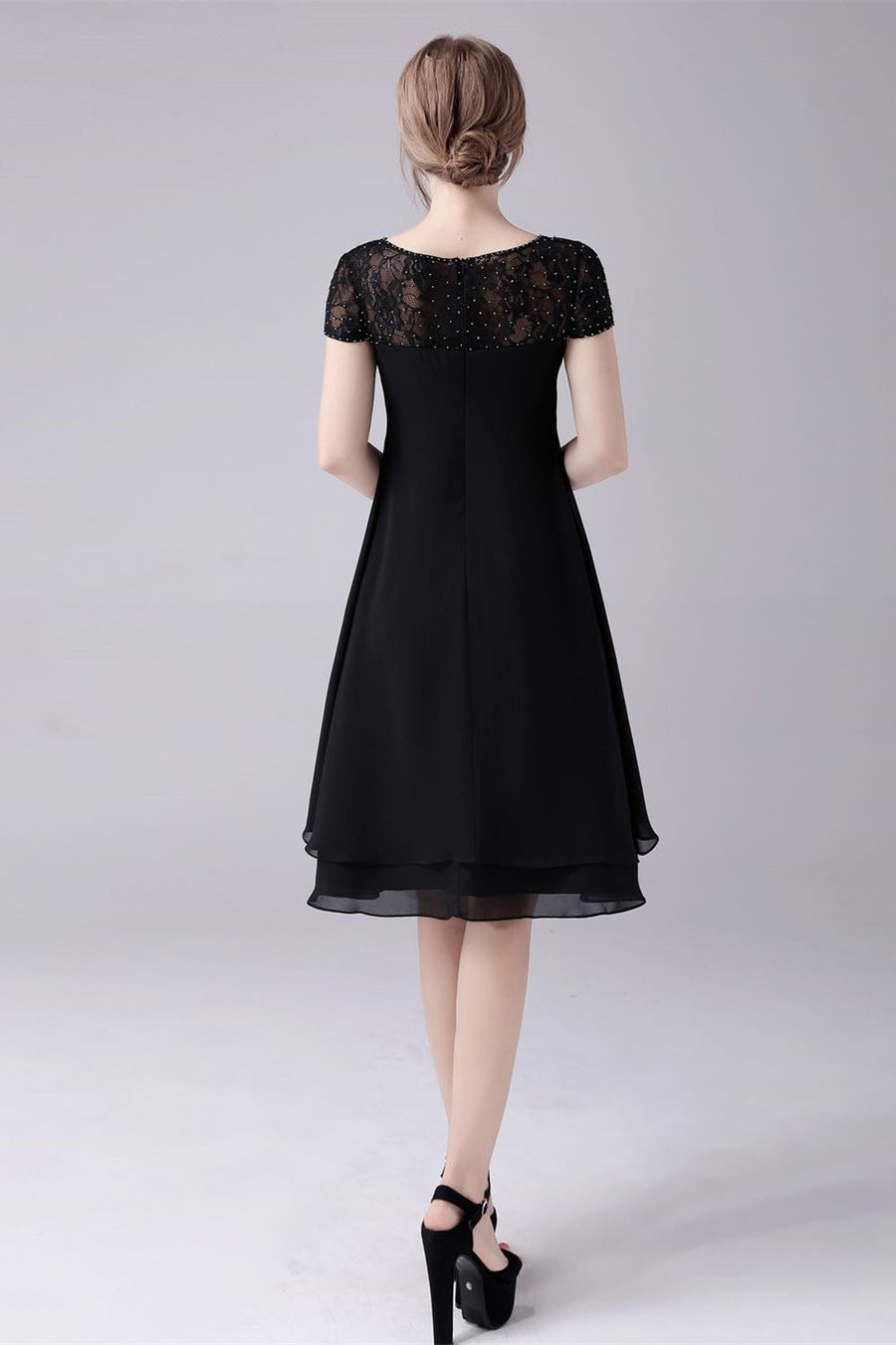 knee length black lace dress Elegant Lace Knee Length Wedding Party Dress With Half Sleeves - $62.4816  #S1453