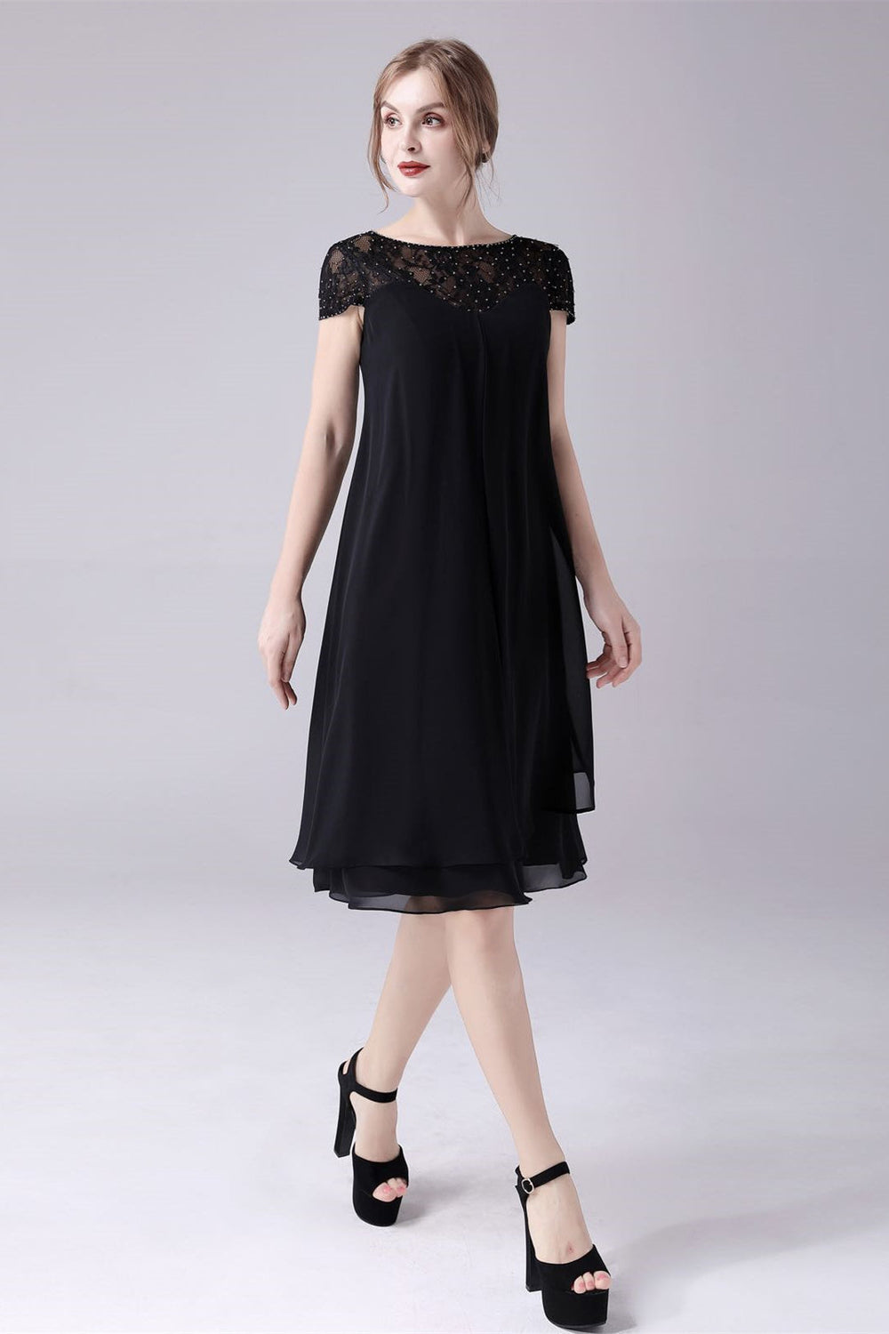 Short sleeves A-line knee-length jewel lace mother's dress