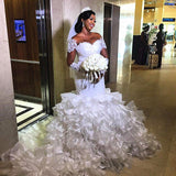 Ballbella.com supplies you Short sleeves Off-the-shoulder White Mermaid Wedding Dresses with Ruffles Train at reasonable price. Fast delivery worldwide. 