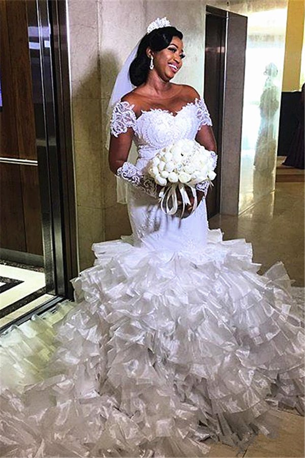 Ballbella.com supplies you Short sleeves Off-the-shoulder White Mermaid Wedding Dresses with Ruffles Train at reasonable price. Fast delivery worldwide. 