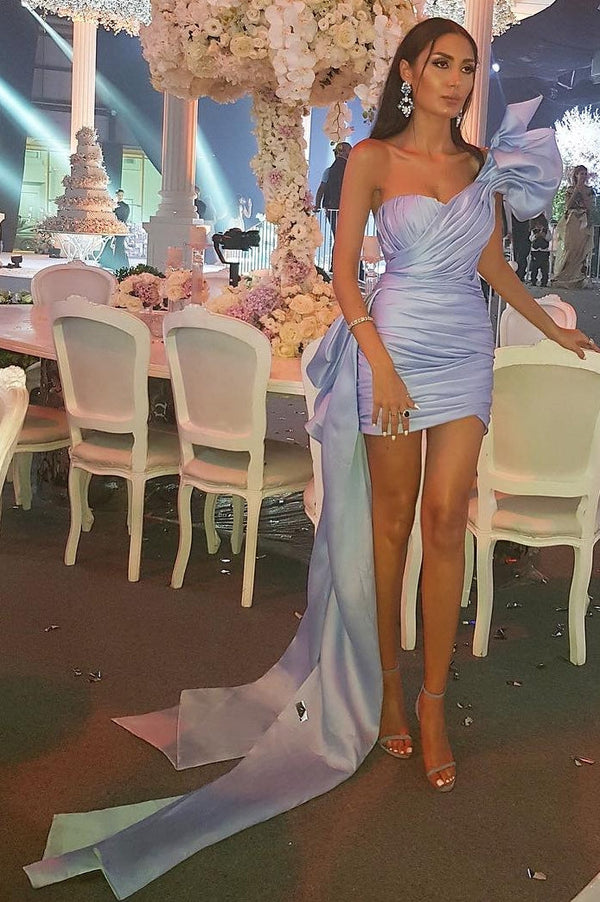 Short Sweetheart Sky blue Pleats One-shoulder Homecoming Dress-Ballbella
