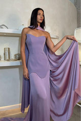 Ballbella Amazing Purple Satin Strapless Sleeveless Slim Long Prom Dress with Scarf-ballbella