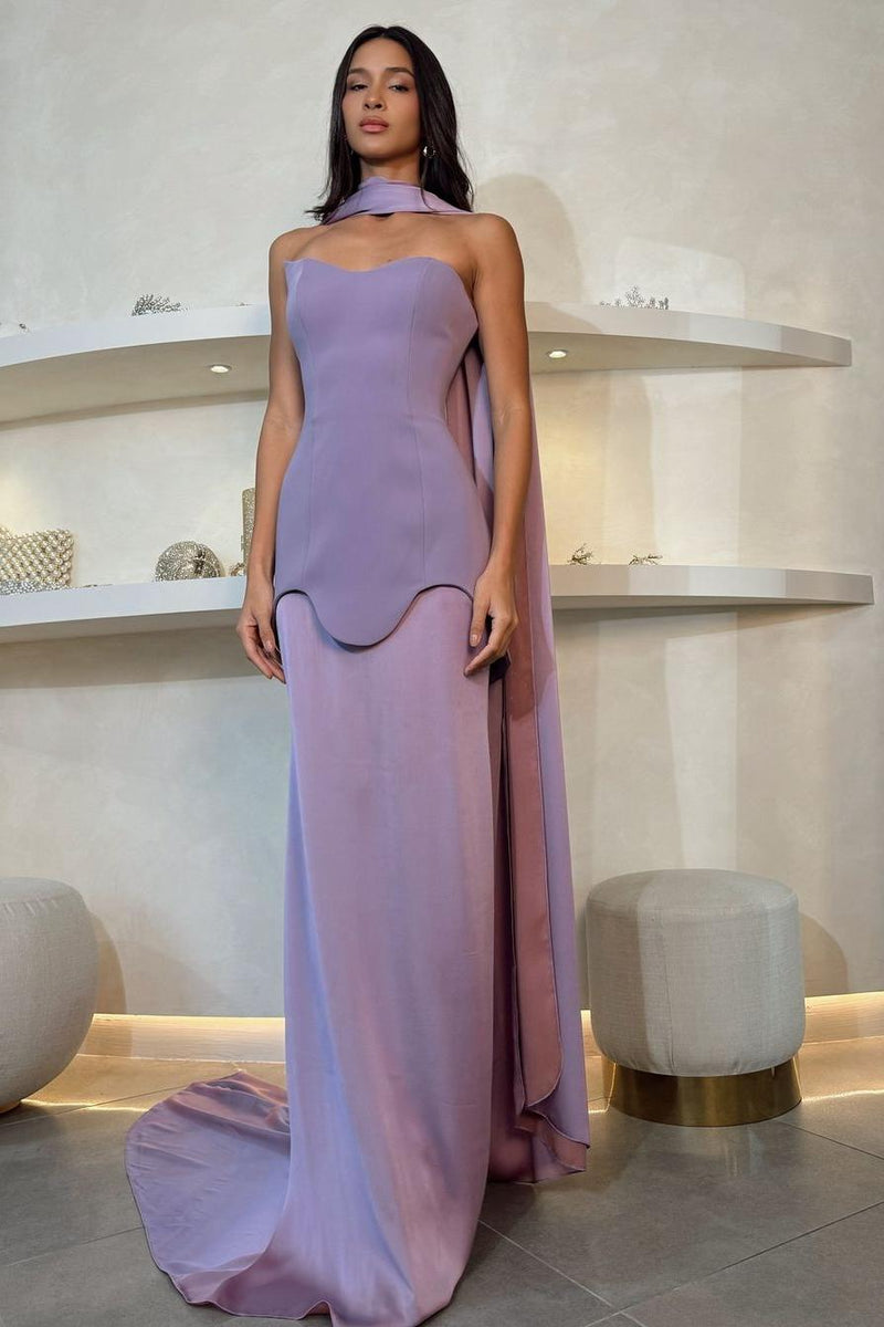 Ballbella Amazing Purple Satin Strapless Sleeveless Slim Long Prom Dress with Scarf-ballbella