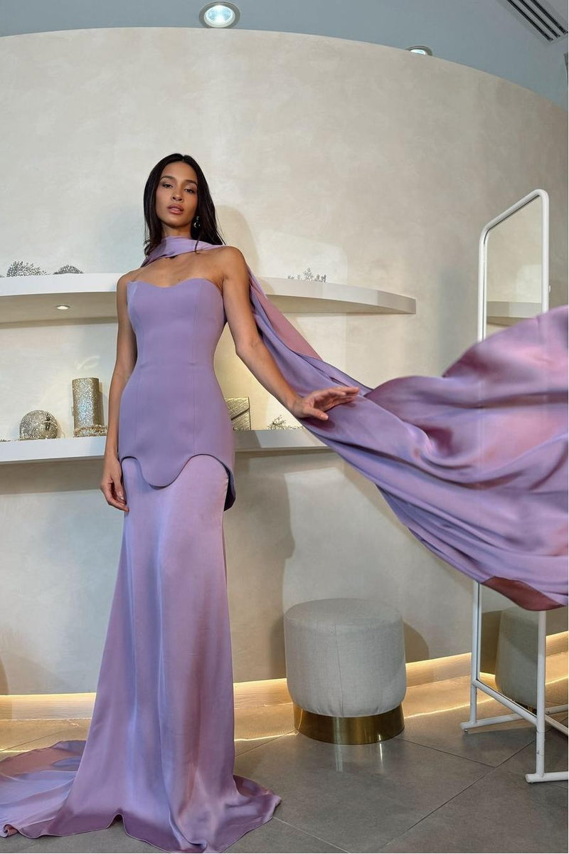 Ballbella Amazing Purple Satin Strapless Sleeveless Slim Long Prom Dress with Scarf-ballbella