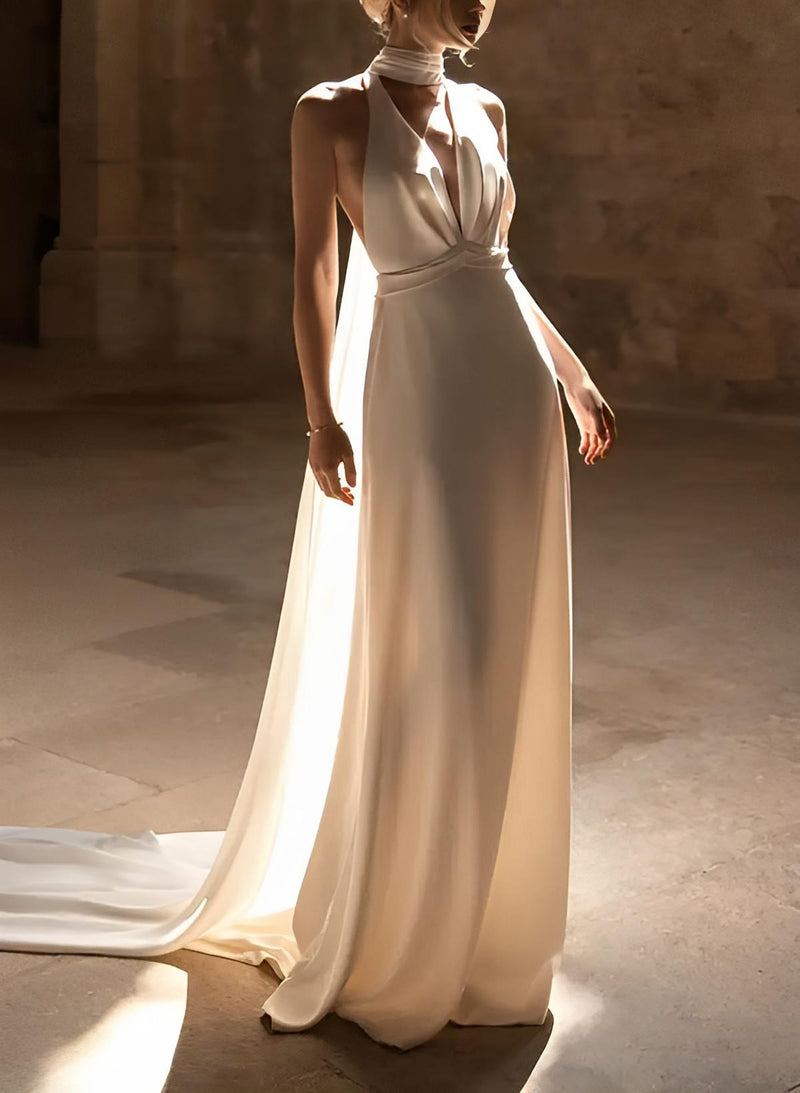 Silk Like Satin Wedding Dresses Summer Beach Boho Garden Halter Sleeveless Sweep Train-Ballbella