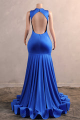 Silver Appliques Blue Satin Mermaid Sleeveless Prom Dresses-Ballbella