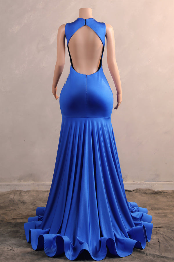 Silver Appliques Blue Satin Mermaid Sleeveless Prom Dresses-Ballbella
