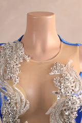 Silver Appliques Blue Satin Mermaid Sleeveless Prom Dresses-Ballbella