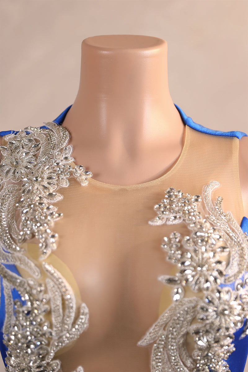Silver Appliques Blue Satin Mermaid Sleeveless Prom Dresses-Ballbella