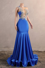 Silver Appliques Blue Satin Mermaid Sleeveless Prom Dresses-Ballbella
