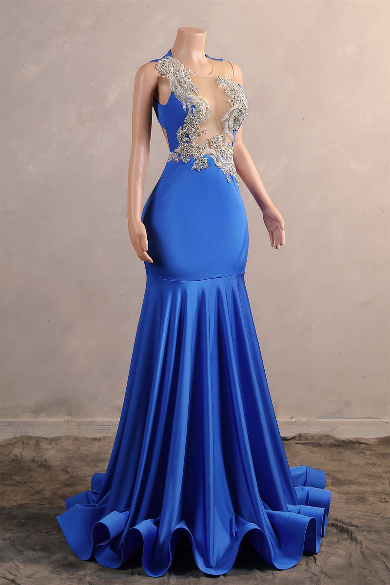 Silver Appliques Blue Satin Mermaid Sleeveless Prom Dresses-Ballbella