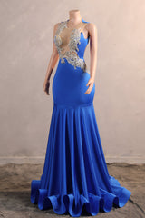 Silver Appliques Blue Satin Mermaid Sleeveless Prom Dresses-Ballbella