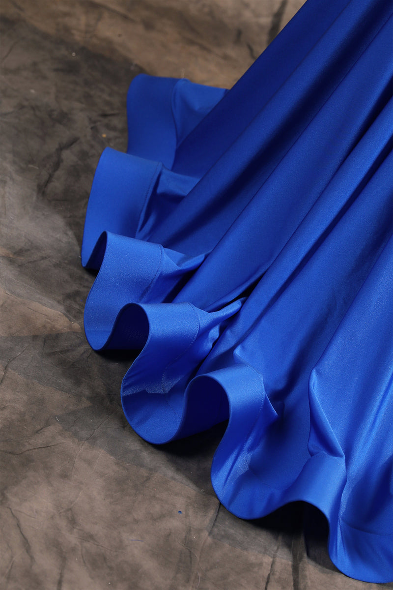 Silver Appliques Blue Satin Mermaid Sleeveless Prom Dresses-Ballbella