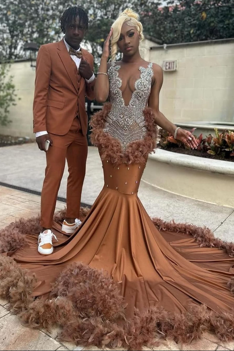 Silver Beaded Deep V-neck Brown Feathers Mermaid Prom Dresses Silver Beaded Deep V-neck Brown Feathers Mermaid Prom Dresses