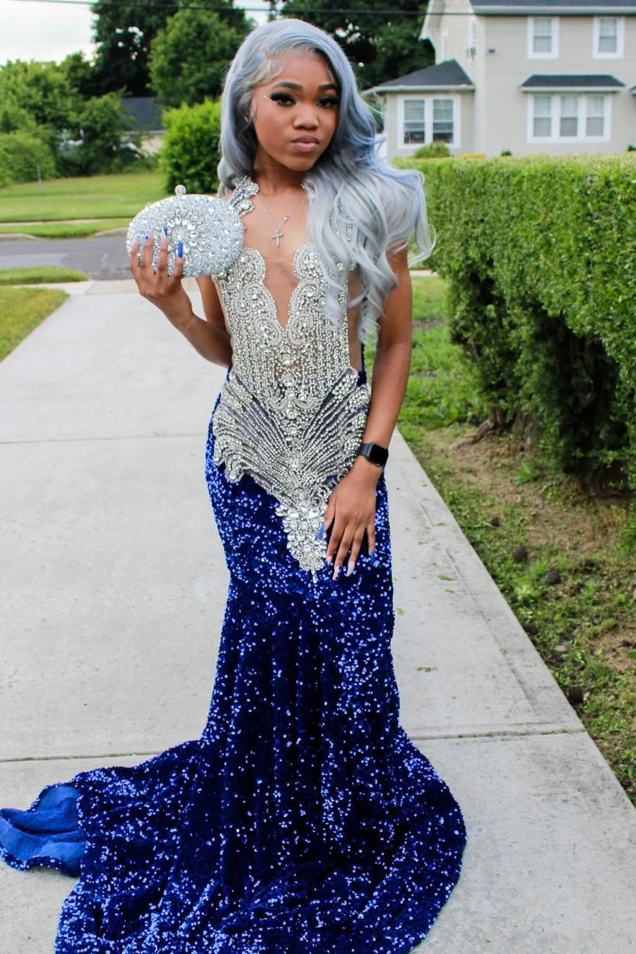 Silver Beaded Royal Blue Court Train Mermaid Sequin Long Prom Dresses