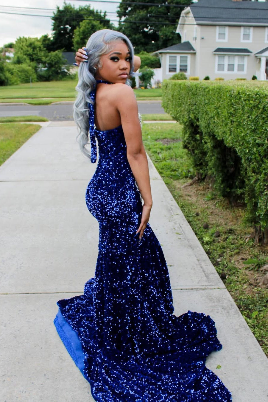 Silver Beaded Royal Blue Court Train Mermaid Sequin Long Prom Dresses Silver Beaded Royal Blue Court Train Mermaid Sequin Long Prom Dresses
