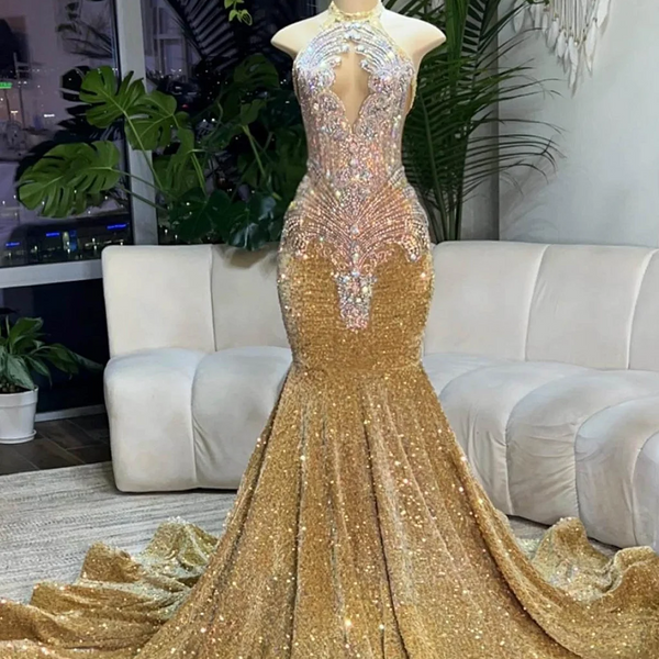 Silver Beaded Sequin Court Train Sleeveless Prom Dresses