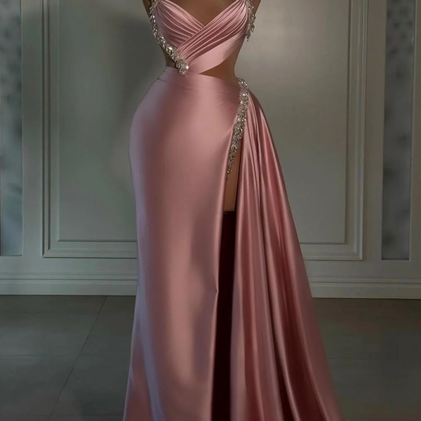 Silver Beaded Straps Shiny Pink Satin High Split Prom Dresses