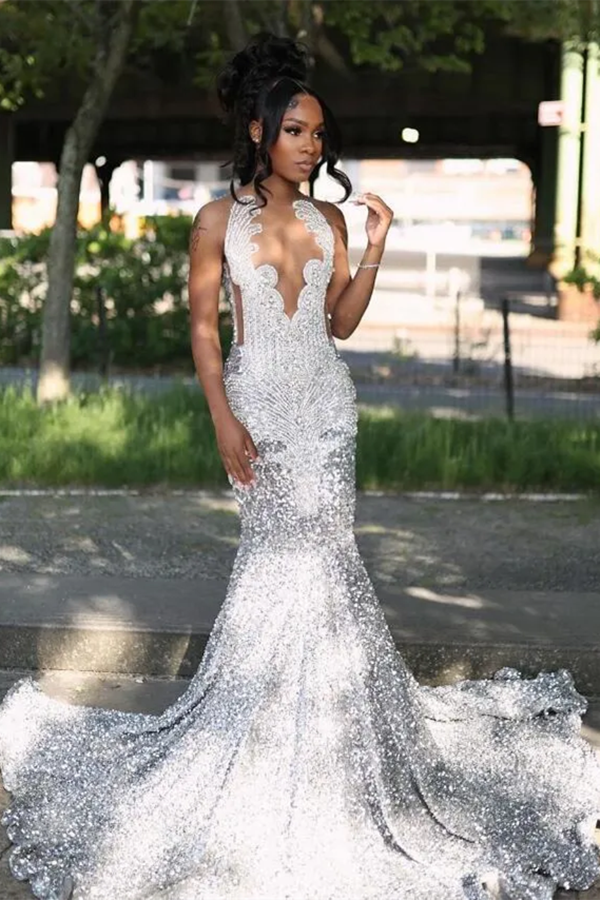 Silver Beaded V-neck Sequin A-line Sleeveless Floor length Prom Dresses-Ballbella