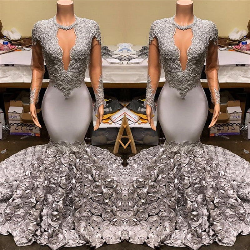 Wanna Prom Dresses, Real Model Series in Stretch Satin,  Mermaid style,  and delicate Appliques work? Ballbella has all covered on this elegant Silver Fit and Flare Floral Prom Dresses Wholesale Lace Appliques Real Shooting Prom Party Gowns yet cheap price.