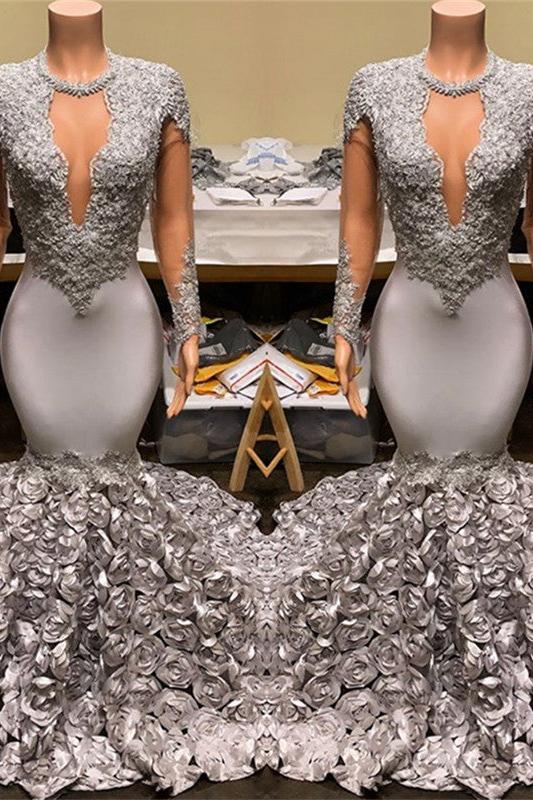 Silver Fit and Flare Floral Prom Dresses Wholesale Lace Appliques Real Shooting Prom Party Gowns-Ballbella