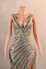 Silver Gold High Split V-neck Sleeveless Mermaid Prom Dresses-Ballbella