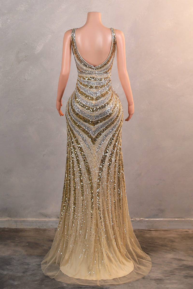 Silver Gold High Split V-neck Sleeveless Mermaid Prom Dresses-Ballbella