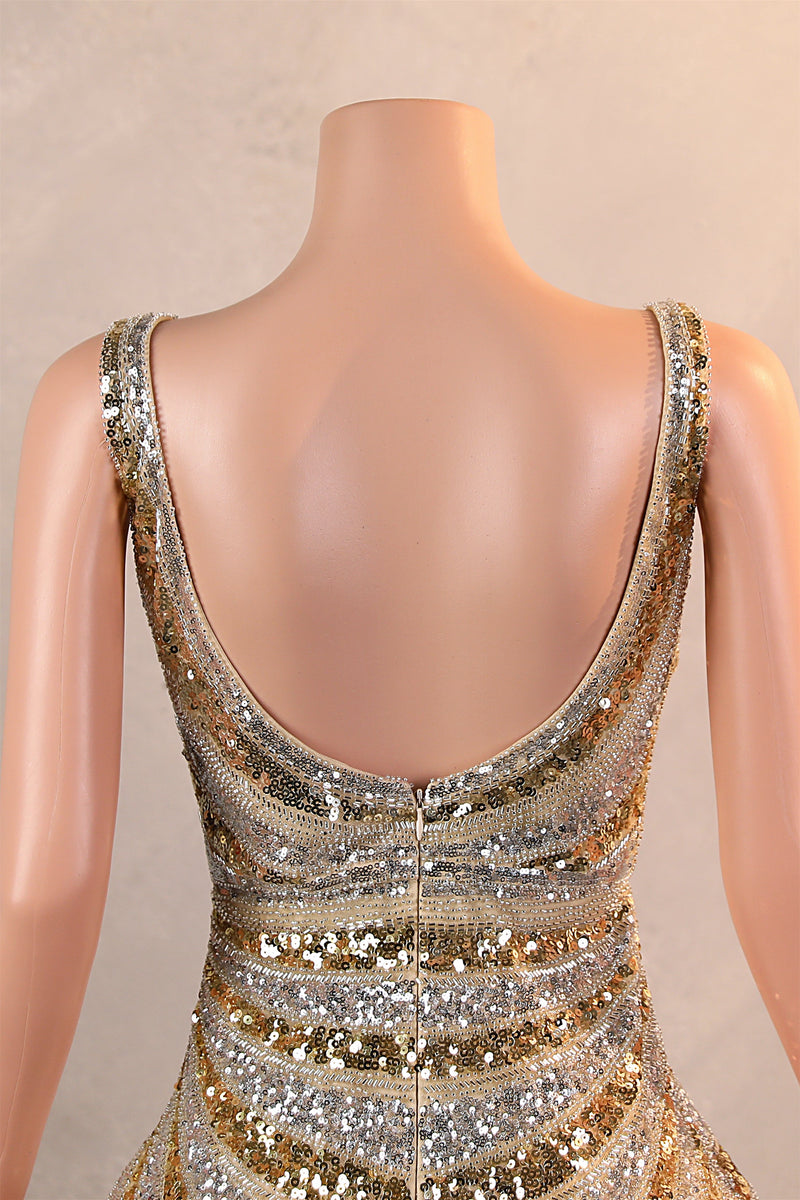 Silver Gold High Split V-neck Sleeveless Mermaid Prom Dresses-Ballbella