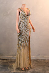 Silver Gold High Split V-neck Sleeveless Mermaid Prom Dresses-Ballbella