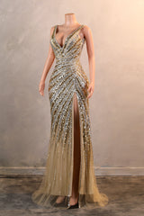 Silver Gold High Split V-neck Sleeveless Mermaid Prom Dresses-Ballbella