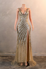 Silver Gold High Split V-neck Sleeveless Mermaid Prom Dresses-Ballbella
