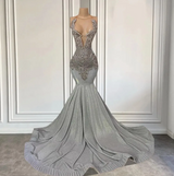 Silver Halter Mermaid Prom Dress with Beadings-Ballbella