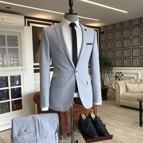 Silver Peaked Lapel One Button 3 flaps Men's Business Suitss-Ballbella