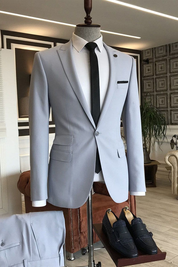 Silver Peaked Lapel One Button 3 flaps Men's Business Suitss-Ballbella