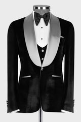 Silver Sash Shawl Lapel Black Velvet 3-Piece Prom Tuxedo for Weddings-Ballbella