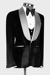 Silver Sash Shawl Lapel Black Velvet 3-Piece Prom Tuxedo for Weddings-Ballbella