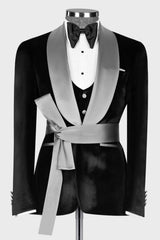 Silver Sash Shawl Lapel Black Velvet 3-Piece Prom Tuxedo for Weddings-Ballbella