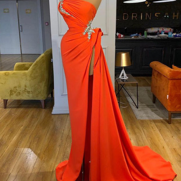 Silver Sequined One-shoulder Orange High-split Prom Dress Silver Sequined One-shoulder Orange High-split Prom Dress