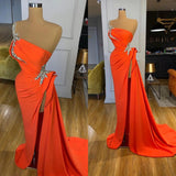 Silver Sequined One-shoulder Orange High-split Prom Dress-Ballbella