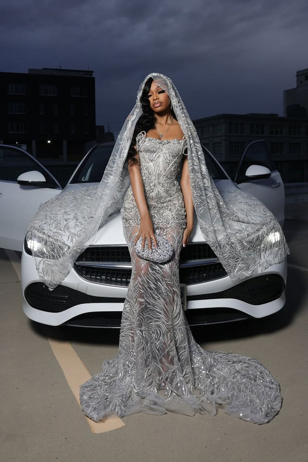 Silver Sparkle Beaded Mermaid Court Train Sweetheart Sleeveless Prom Dresses-Ballbella