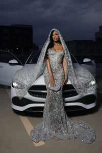 Silver Sparkle Beaded Mermaid Court Train Sweetheart Sleeveless Prom Dresses