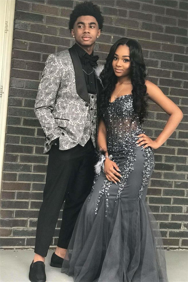 Silver Two Piece Jacquard Men's Suit Slim Fit One Button Prom Outfit Silver Two Piece Jacquard Men's Suit Slim Fit One Button Prom Outfit