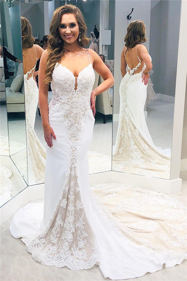 Simple Backless Spaghetti Strap Column Wedding Dress with Train-Ballbella