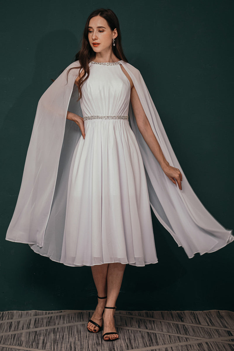Simple Beaded White Chiffon Summer Wedding Dress with Cape, White / US2 Simple Beaded White Chiffon Summer Wedding Dress with Cape, White / US2