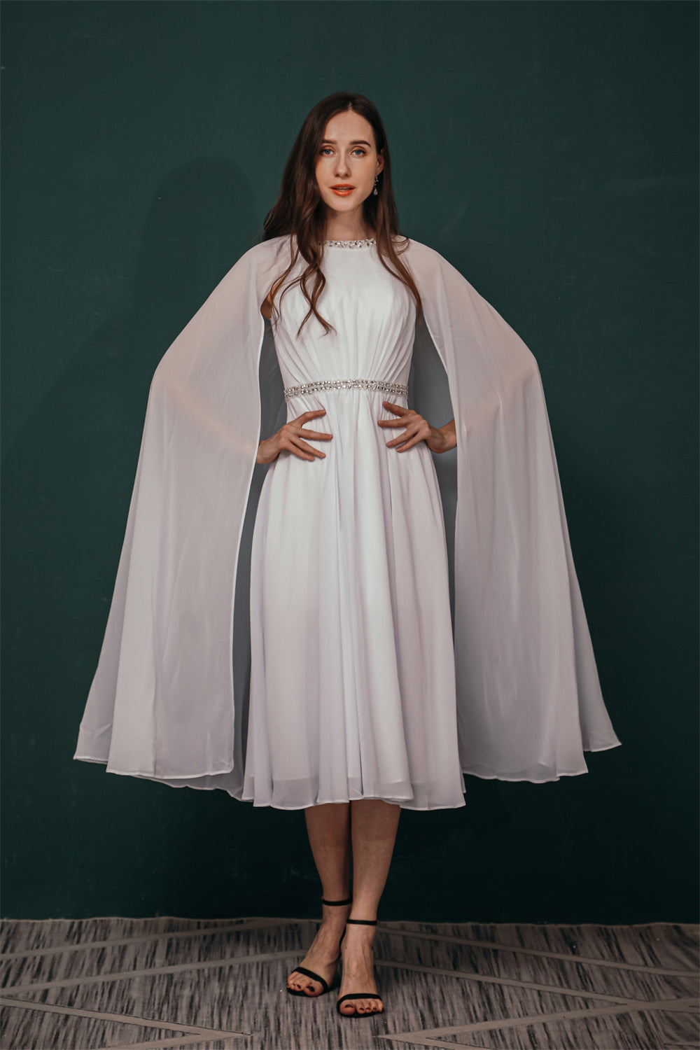 Simple Beaded White Chiffon Summer Wedding Dress with Cape, White / US2 Simple Beaded White Chiffon Summer Wedding Dress with Cape, White / US2