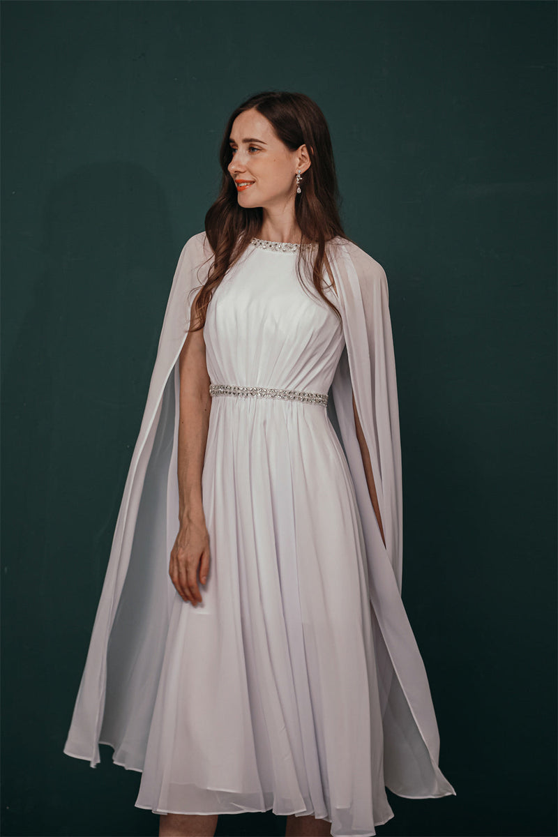Simple Beaded White Chiffon Summer Wedding Dress with Cape, White / US2