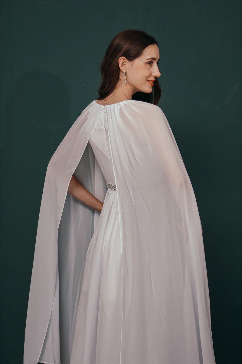Simple Beaded White Chiffon Summer Wedding Dress with Cape, White / US2 Simple Beaded White Chiffon Summer Wedding Dress with Cape, White / US2