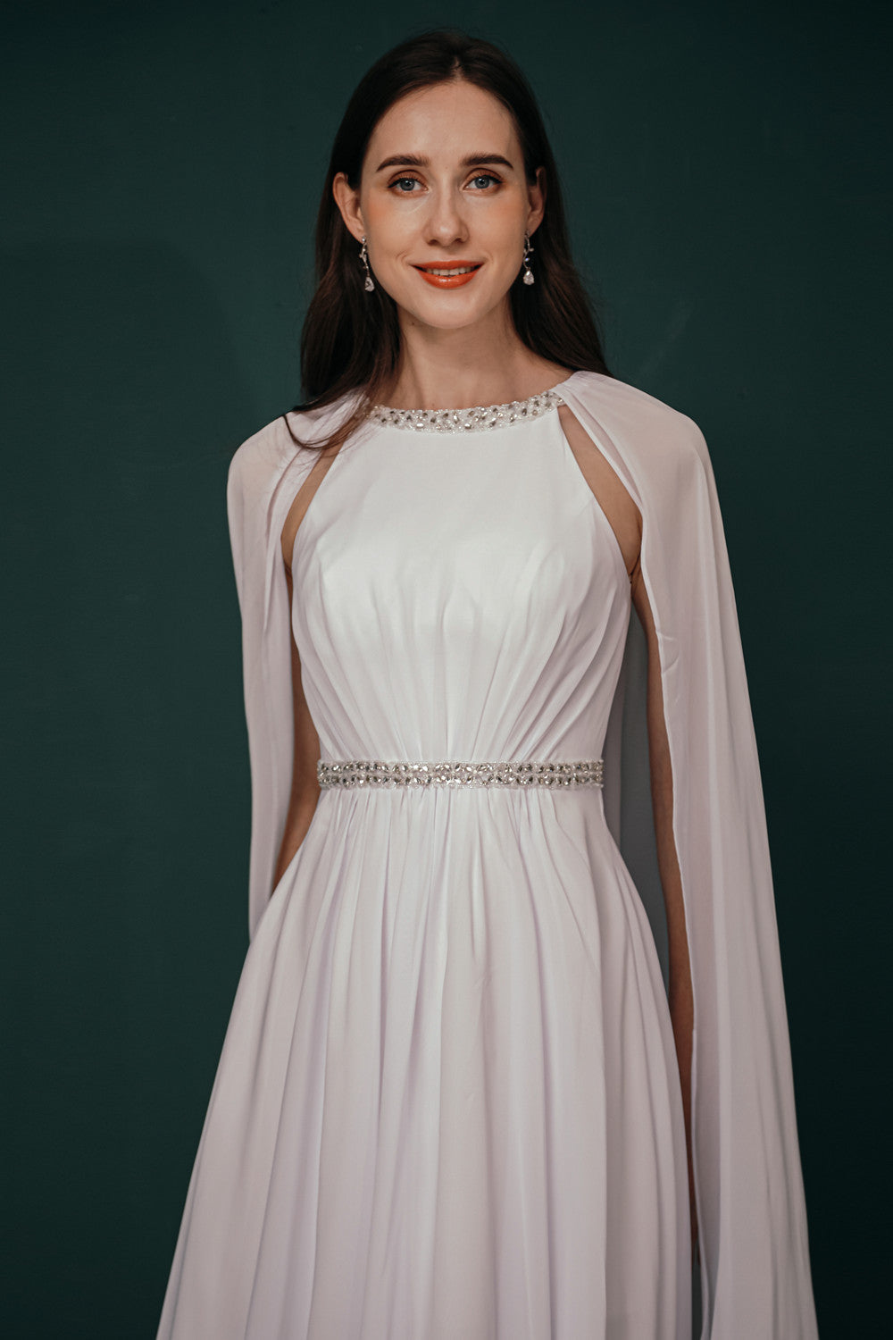 Simple Beaded White Chiffon Summer Wedding Dress with Cape, White / US2