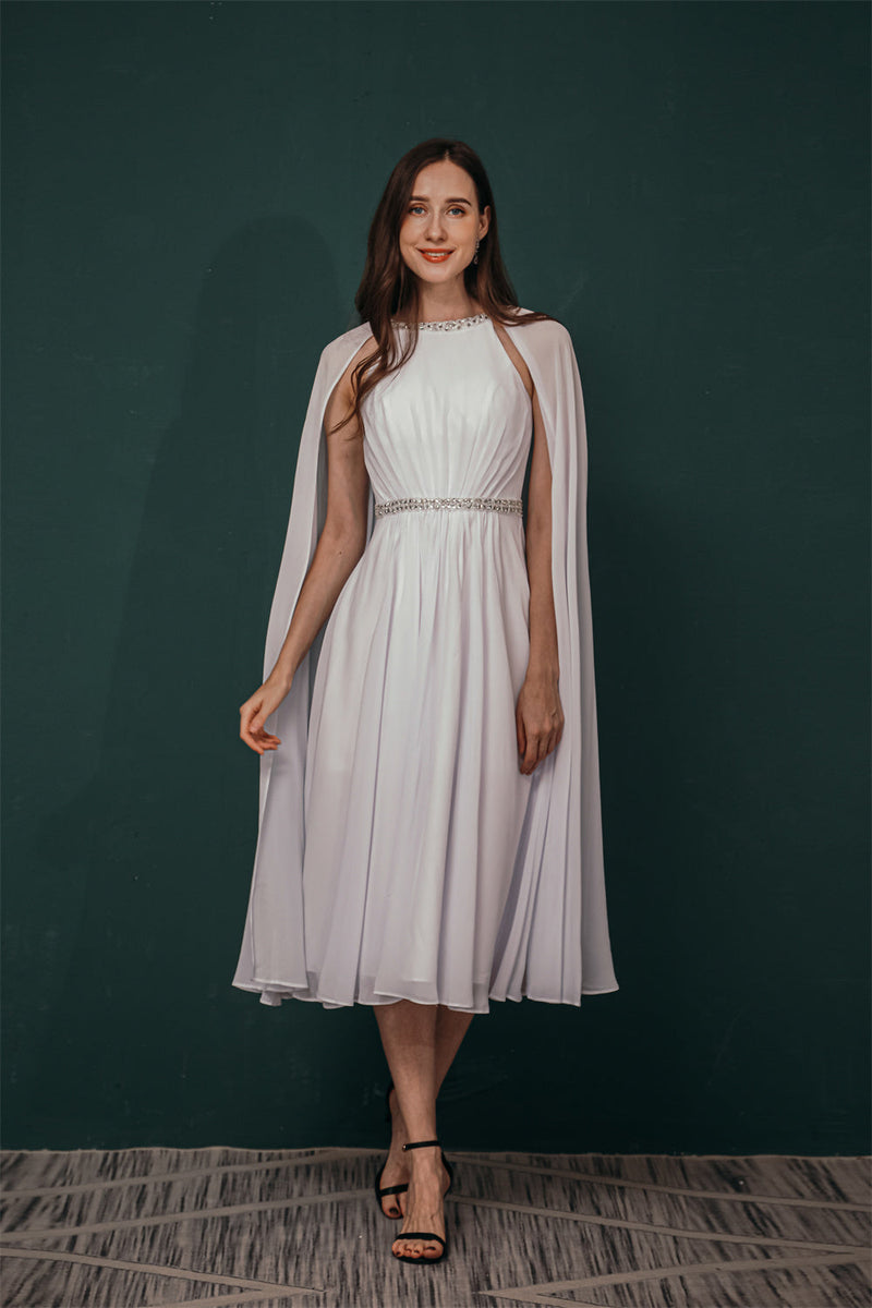 Simple Beaded White Chiffon Summer Wedding Dress with Cape, White / US2 Simple Beaded White Chiffon Summer Wedding Dress with Cape, White / US2